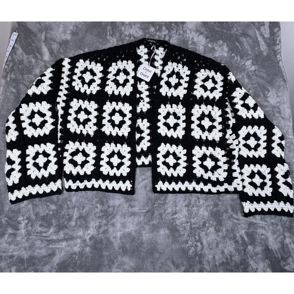 Davi & Dani Women Crochet Cardigan Black White Open Front Granny Square Boho 3XL - Picture 6 of 16